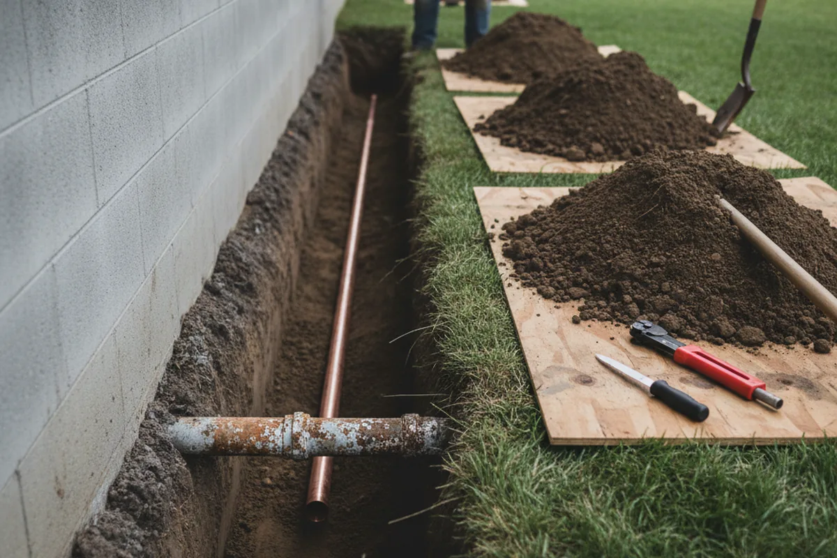 Excavated water line trench during Sewer Line Repair in Breezewood